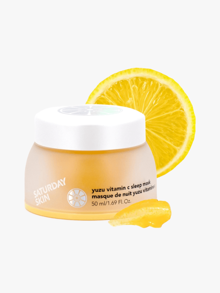 Saturday Skin Yuzu Vitamin C Sleep Mask in branded component on a light gray background